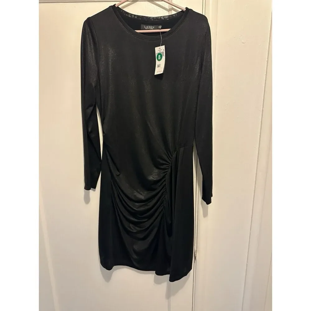 LAUREN Ralph Lauren Foil-Print Jersey Dress Sz 14 Black Label NWTs‎ Long Sleeve